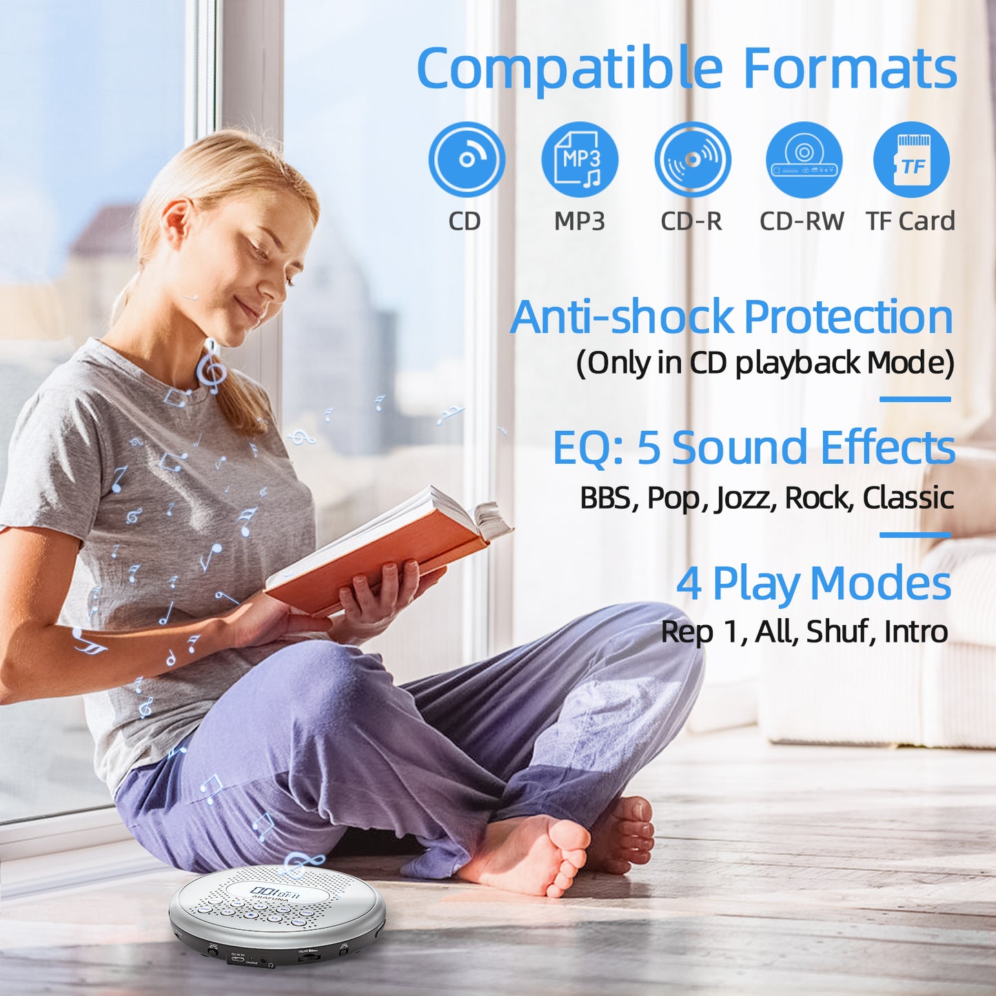 CD Player, Built-in Speaker, Portable CD Player, 1,400 mAh, Rechargeable, Sound Prevention, Adjustable Playback Speed, AB Repeat Function, Resume Function, 32 GB MicroSD Card Support