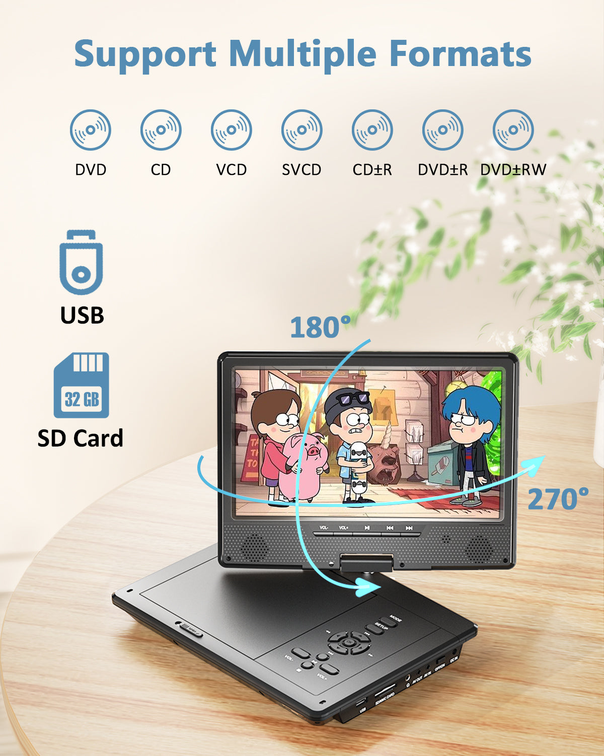 12.5" Portable DVD Player for Car, 10.5" HD Swivel Screen with Car Headrest Holder, 5-Hour Rechargeable Battery, Support USB/SD/Sync TV, Regions Free, Last Memory