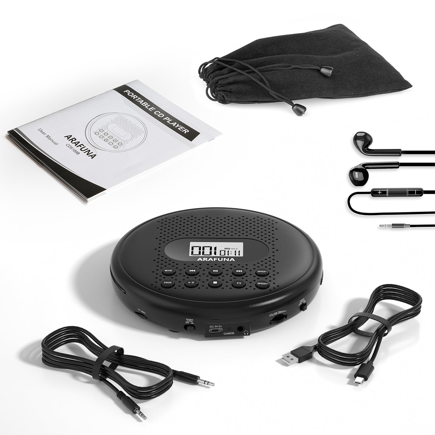 Portable CD Player with Dual Stereo Speakers, Rechargeable CD Player for Car with Anti-Skip Protection, Walkman CD Player with Headphones and AUX Cable