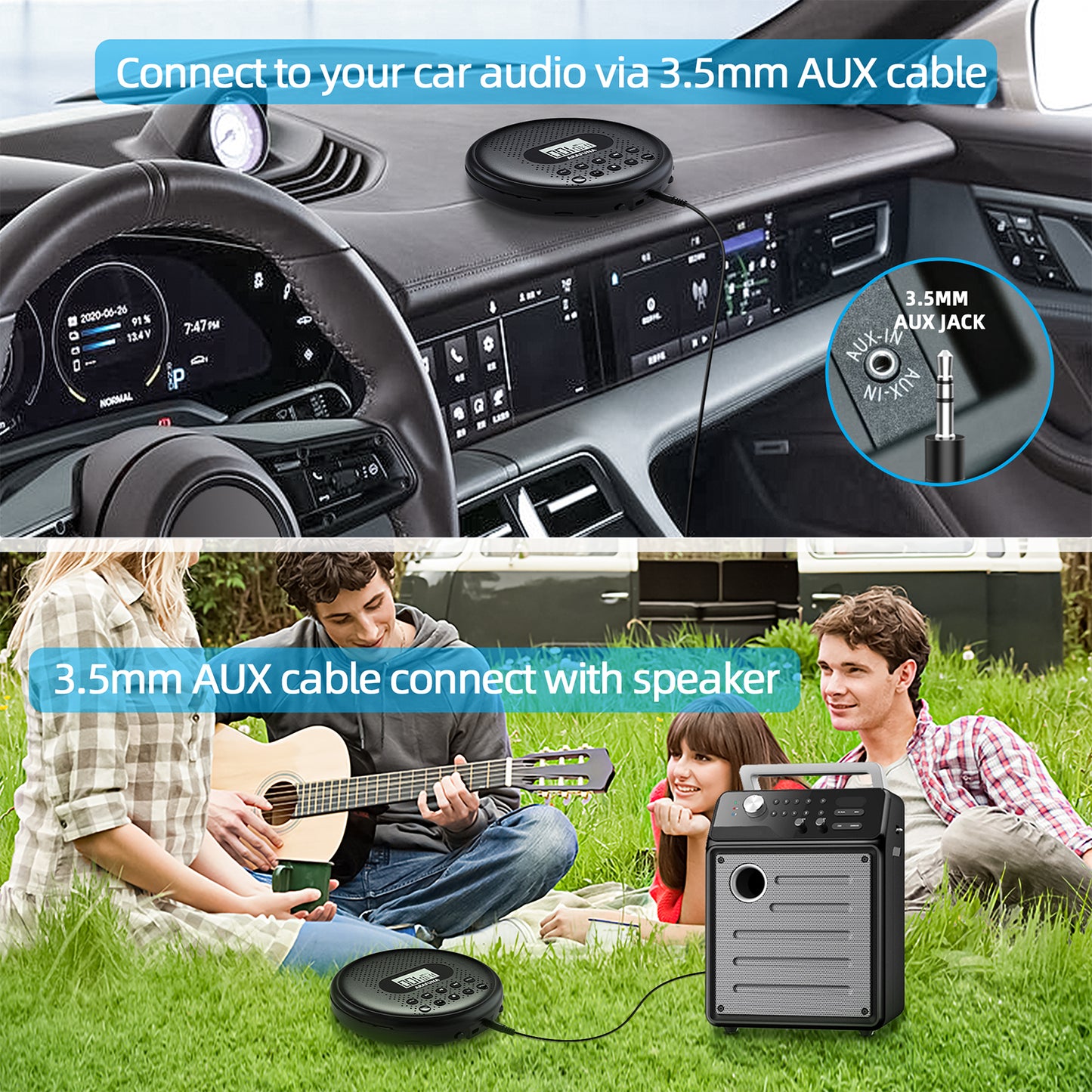 Portable CD Player with Dual Stereo Speakers, Rechargeable CD Player for Car with Anti-Skip Protection, Walkman CD Player with Headphones and AUX Cable