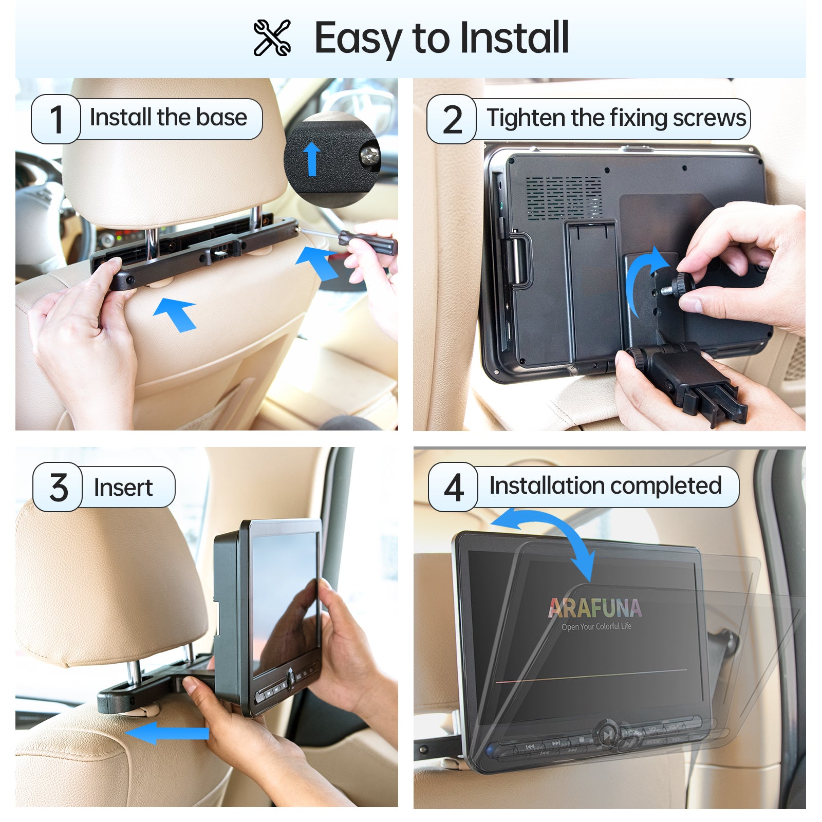 10.5" Dual Portable DVD Player, Arafuna Rechargable Car Screen Play A Same or Two Different Movies, Headrest for Car with 5-Hour Battery, Support USB/SD, Last Memory