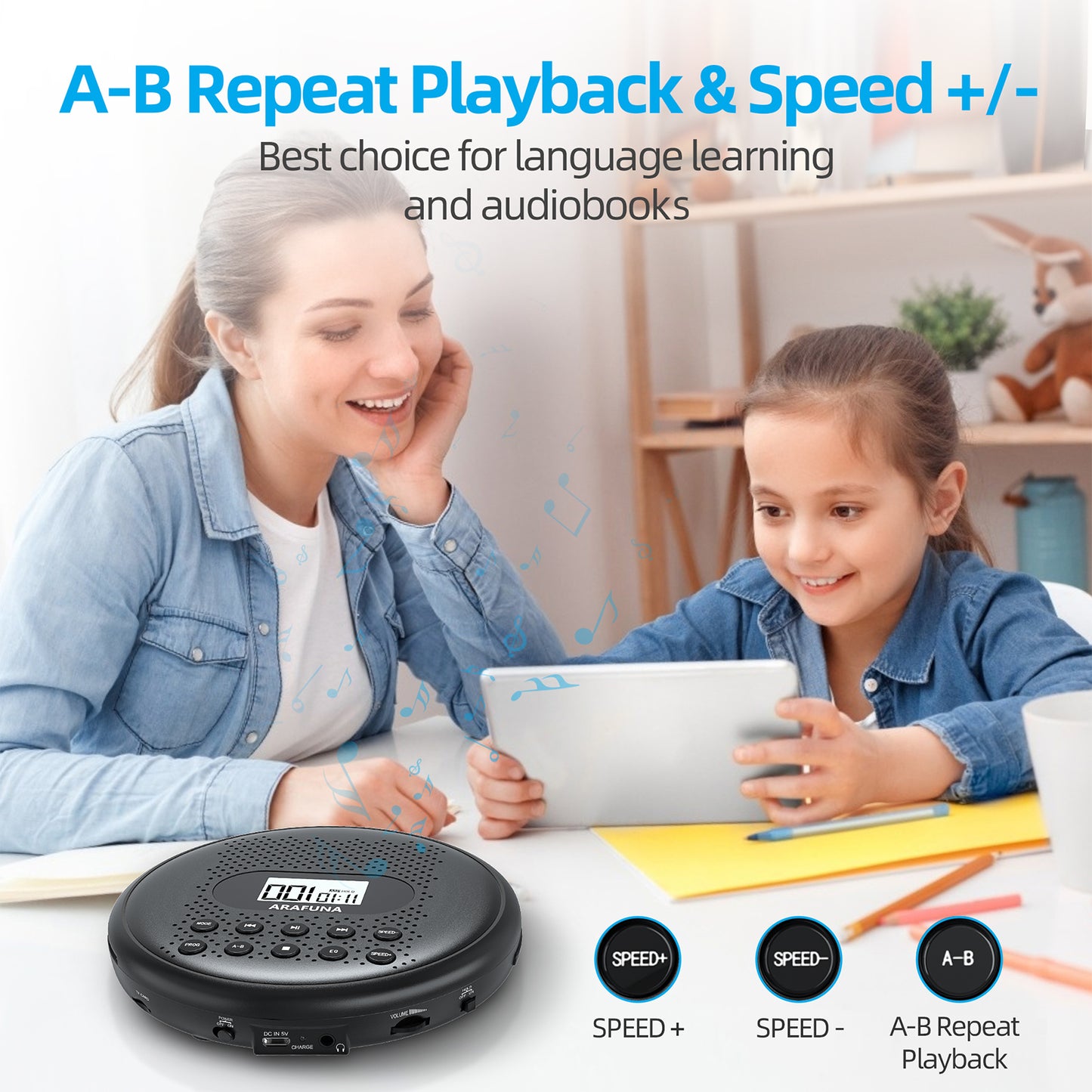 Portable CD Player with Dual Stereo Speakers, Rechargeable CD Player for Car with Anti-Skip Protection, Walkman CD Player with Headphones and AUX Cable