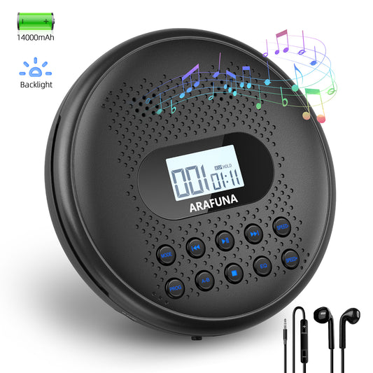 Portable CD Player with Dual Stereo Speakers, Rechargeable CD Player for Car with Anti-Skip Protection, Walkman CD Player with Headphones and AUX Cable