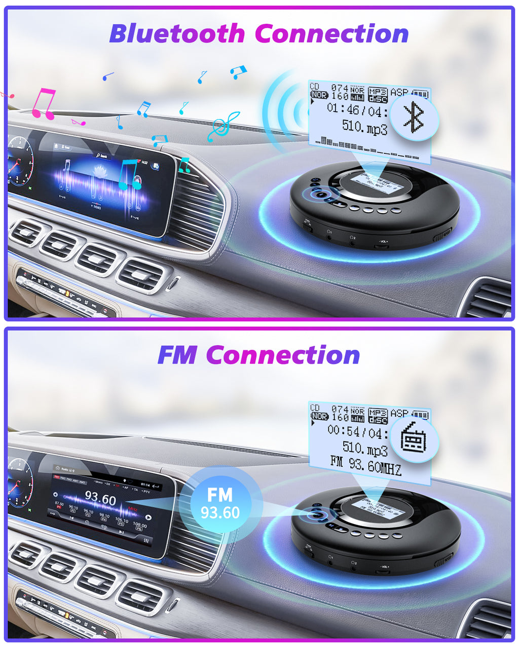CD Player Portable, Portable CD Player Bluetooth with FM Radio, 2000mAh Rechargeable CD Player for Car with LCD Screen, Anti Shock Protection Walkman CD Player with Headphone, AUX Cable