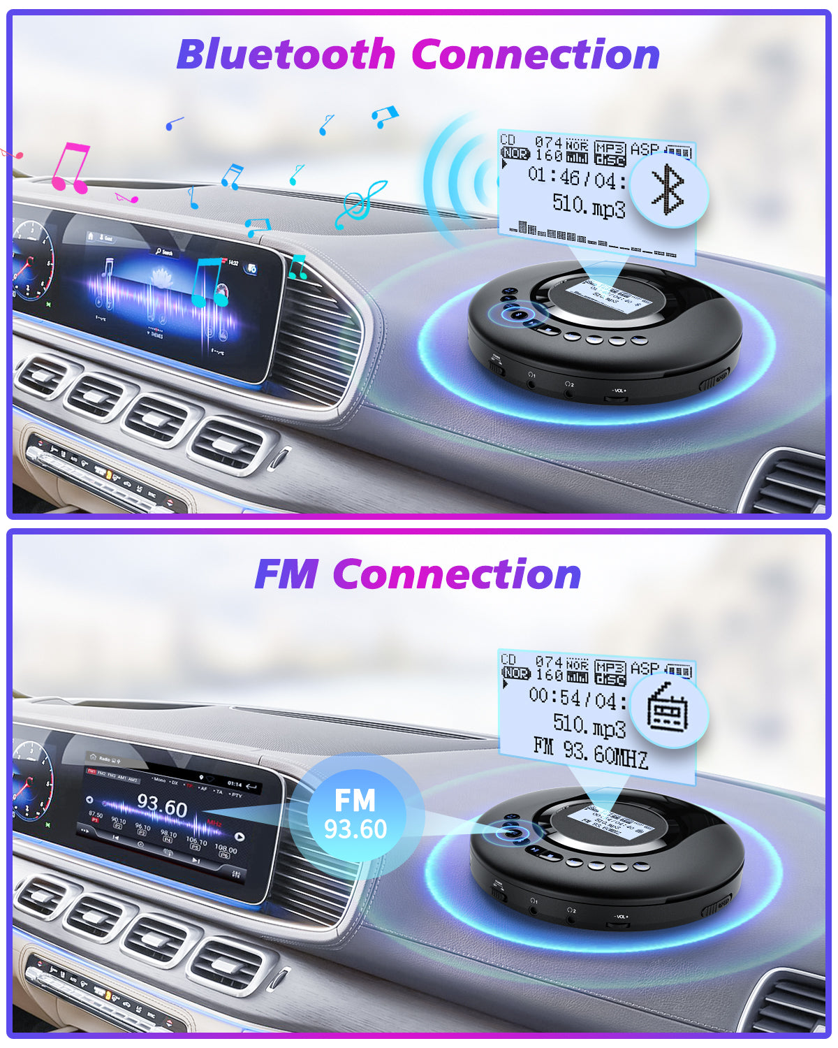 CD Player Portable, Portable CD Player Bluetooth with FM Radio, 2000mAh Rechargeable CD Player for Car with LCD Screen, Anti Shock Protection Walkman CD Player with Headphone, AUX Cable