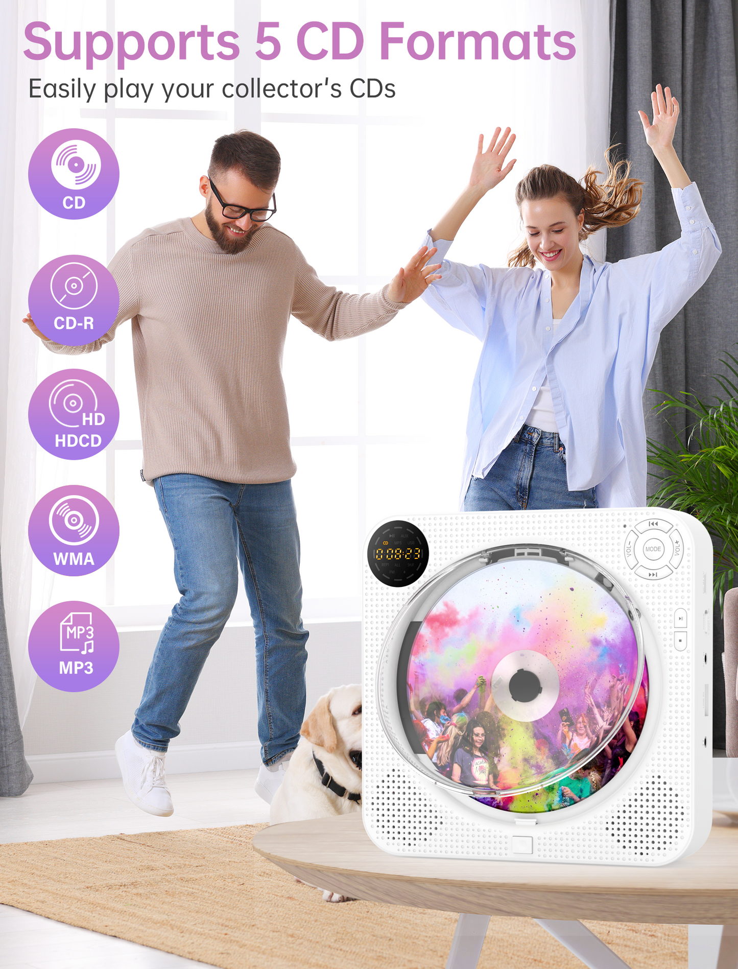 CD Player Portable, Bluetooth CD Player with Speakers, Small CD Player for Home with Remote Control FM Radio Digital Screen Headphone Jack, Wall CD Player Support AUX in Cable&USB, White