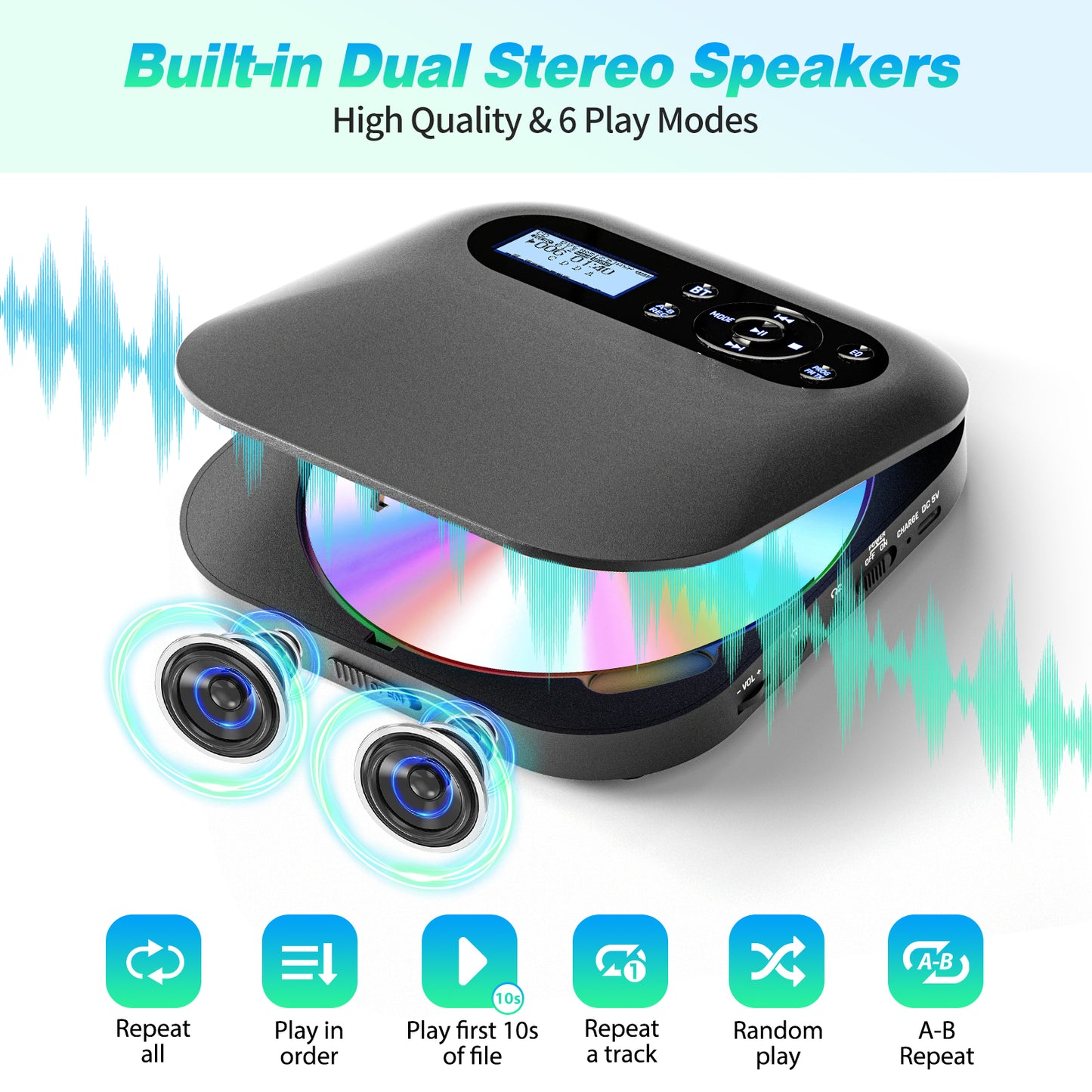 CD Player, Built-in Bluetooth 5.2 Speaker, Portable CD Player, Built-in FM Transmission, Portable Compact, 2,000 mAh Battery, Rechargeable CD Player, A-B Repeat Playback, 5EQ Effect Function