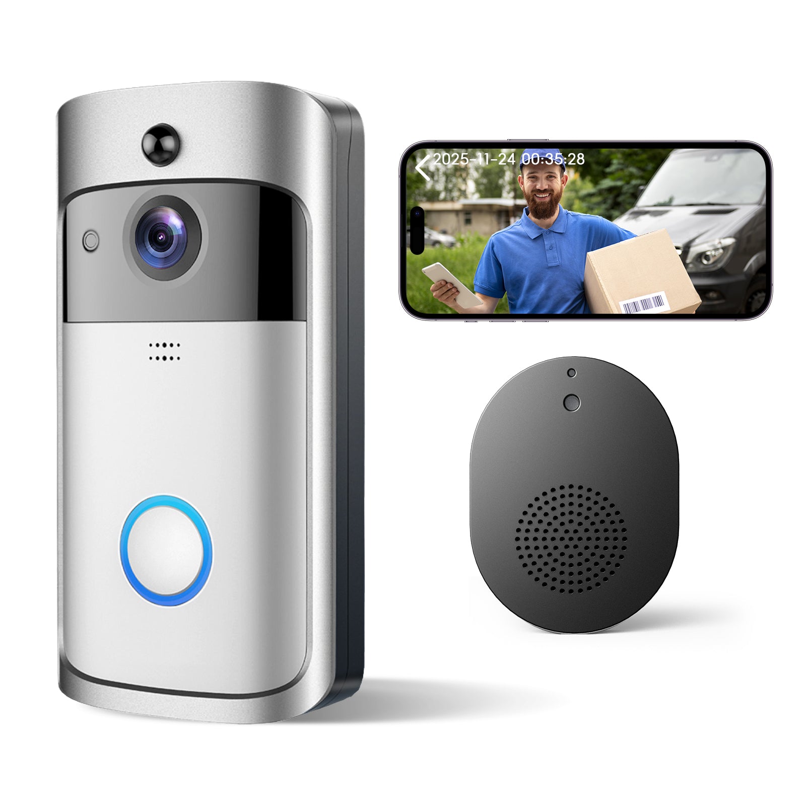 Doorbell Camera Wireless , 1080P Video Doorbell with Chime, Front Door Camera, 2-way Audio, Instant Alert,PIR Motion Detection,Night Vision,Battery-Powered Smart Doorbell