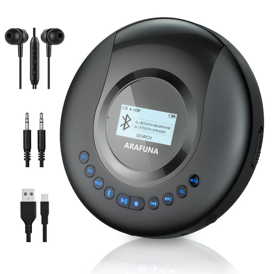 Portable CD Player, Bluetooth 5.2 Transmitting Function, CD Player, Portable, 2,000 mAh Battery, Rechargeable, CD Walkman, New Edition LCD Display, A-B Repeat Playback, 5EQ Mode, Resume