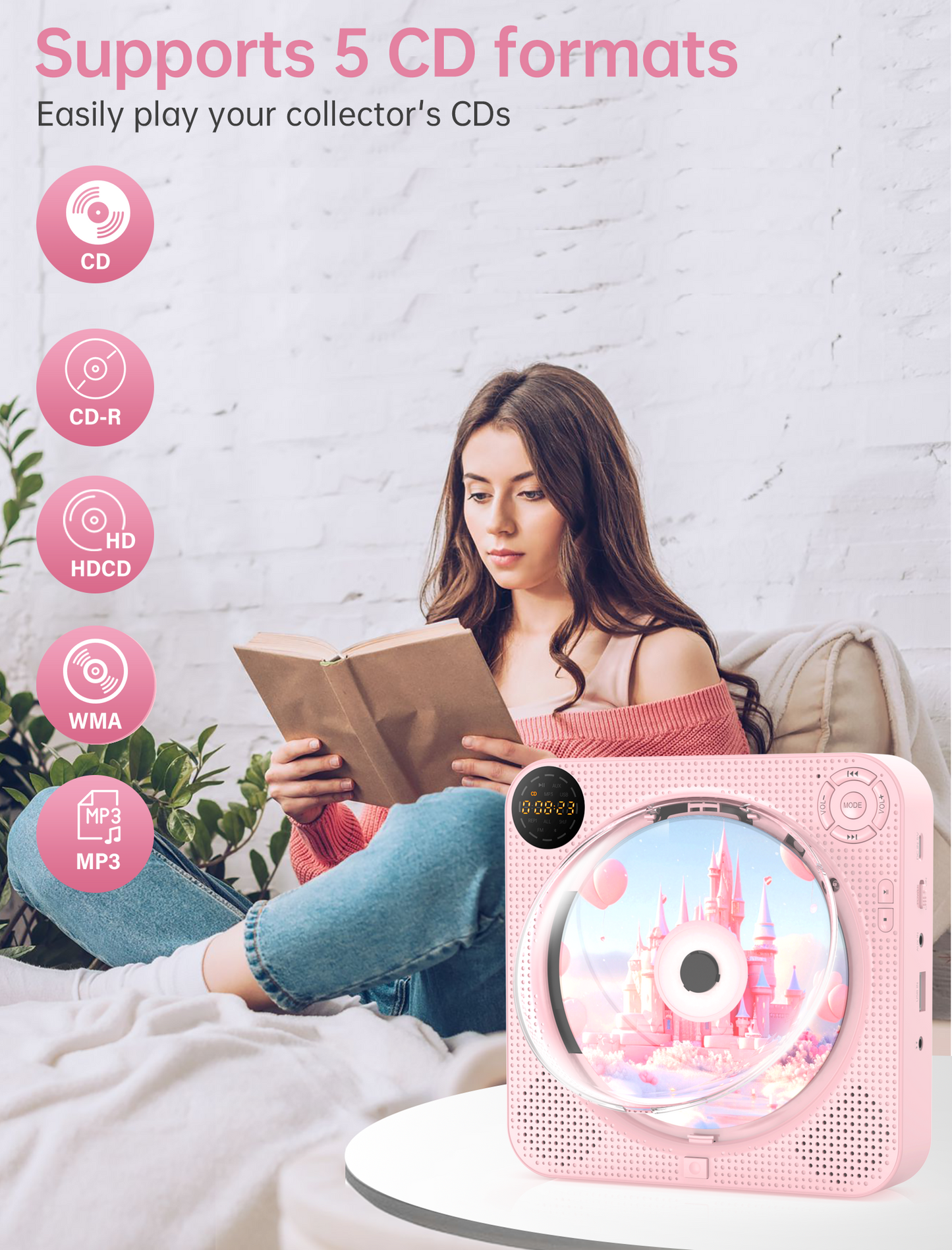 CD Player Portable, Bluetooth CD Player with Speakers Small CD Player for Home with Remote Control FM Radio Digital Screen Headphone Jack, Wall CD Player Support AUX in Cable&USB,Pink Kpop CD Player