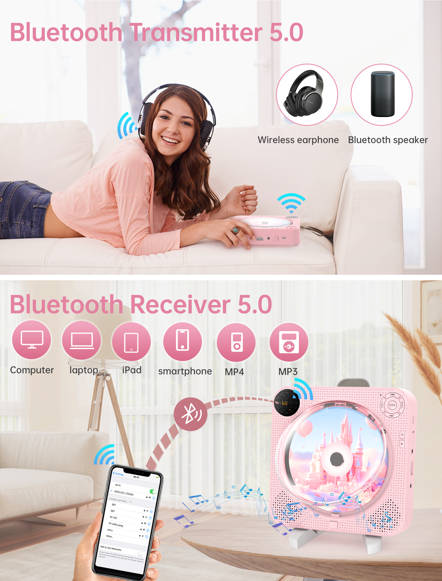 CD Player Portable, Bluetooth CD Player with Speakers Small CD Player for Home with Remote Control FM Radio Digital Screen Headphone Jack, Wall CD Player Support AUX in Cable&USB,Pink Kpop CD Player