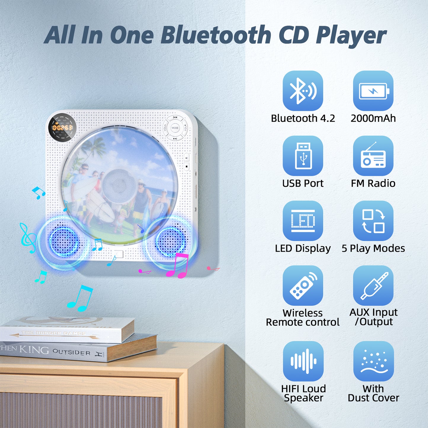 CD Player Portable, Bluetooth CD Player with Speakers Wall CD Player for Home Rechargeable with Remote Control FM Radio Digital Screen Headphone Jack, Portable CD Player for Car Support AUX USB