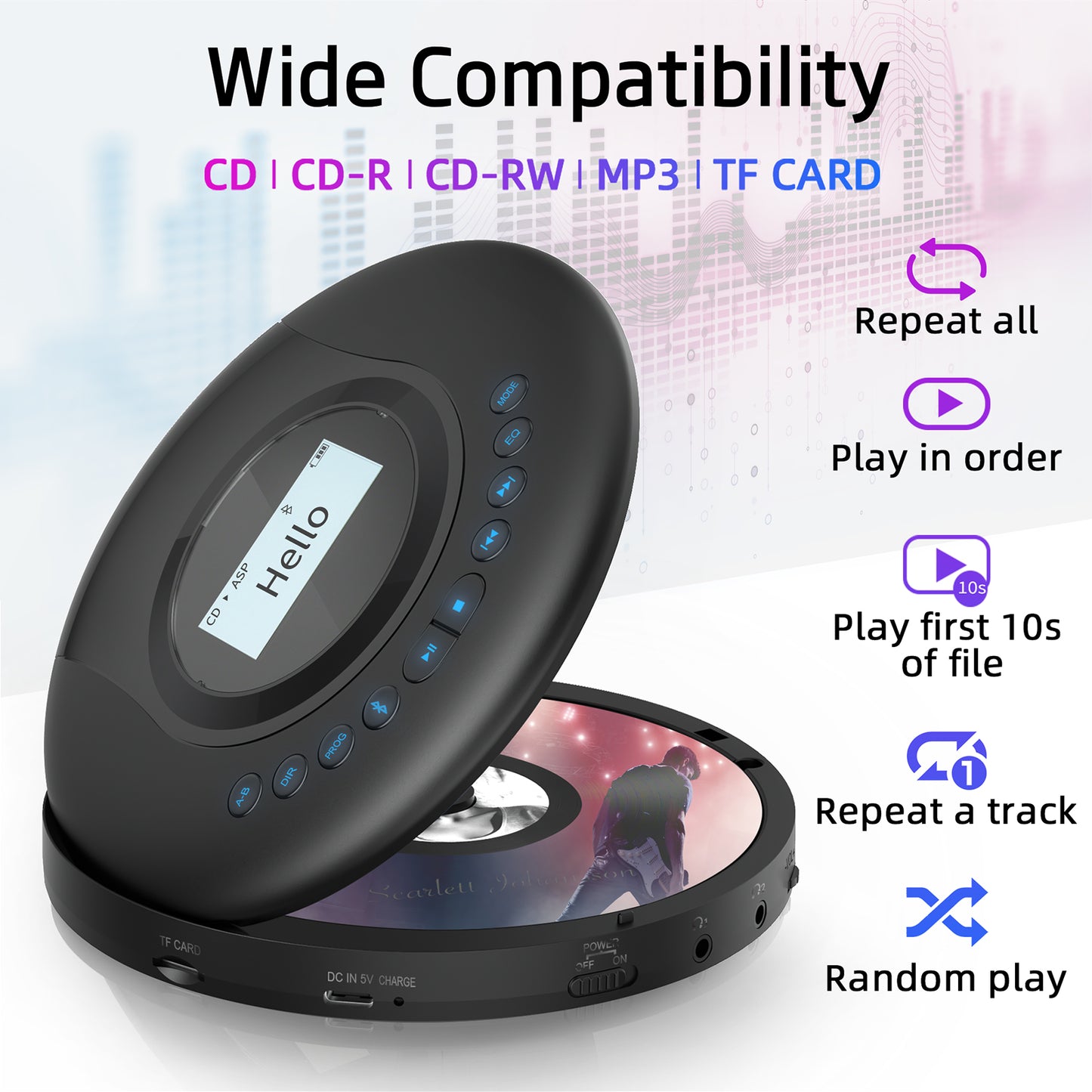 Portable CD Player, Bluetooth 5.2 Transmitting Function, CD Player, Portable, 2,000 mAh Battery, Rechargeable, CD Walkman, New Edition LCD Display, A-B Repeat Playback, 5EQ Mode, Resume