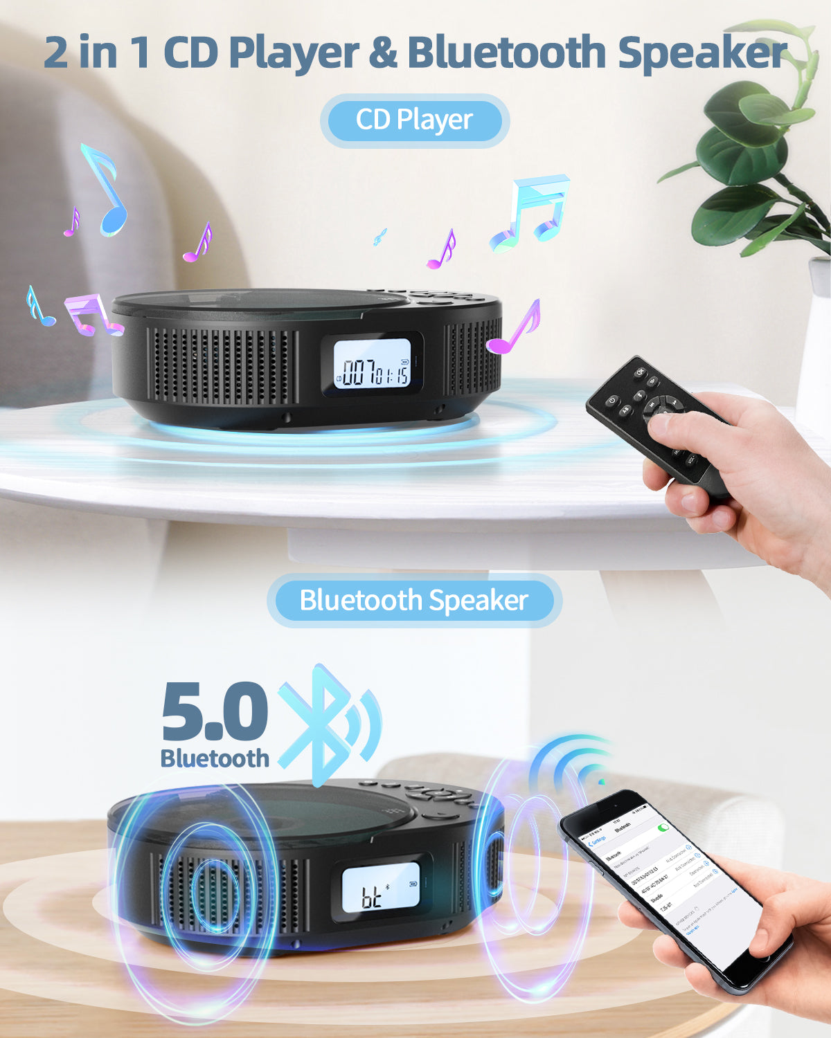 CD Player Portable, Upgraded 2 in 1 Portable CD Player & Bluetooth Speaker, Rechargeable Boombox CD Player for Car/Home with Remote Control, FM Radio, Support AUX/USB, Headphone Jack