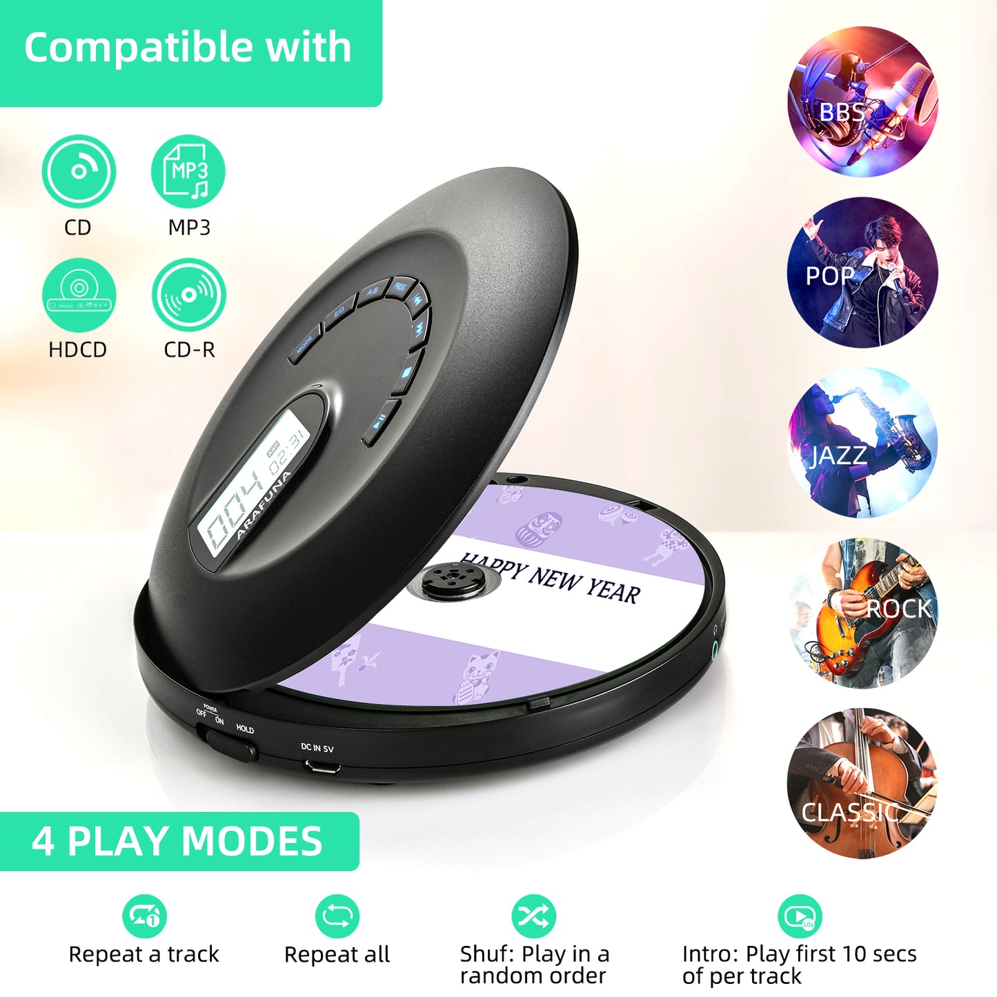 CD Player Portable, Rechargeable Portable CD Player for Car and Travel, Walkman CD Player with Headphone and Anti-Skip/Shockproof, Personal CD Player with LCD Display, AUX Cable, Backlight