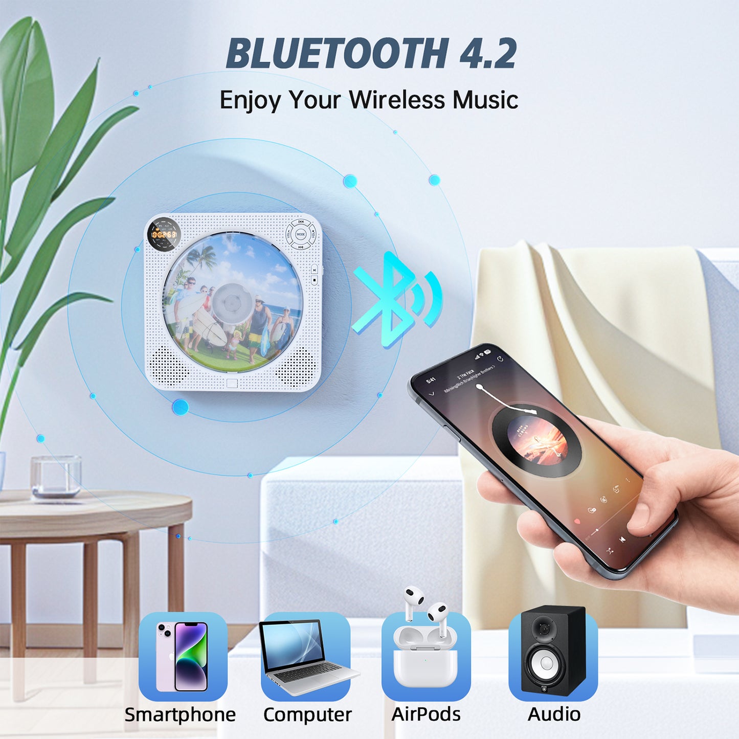 CD Player Portable, Bluetooth CD Player with Speakers Wall CD Player for Home Rechargeable with Remote Control FM Radio Digital Screen Headphone Jack, Portable CD Player for Car Support AUX USB