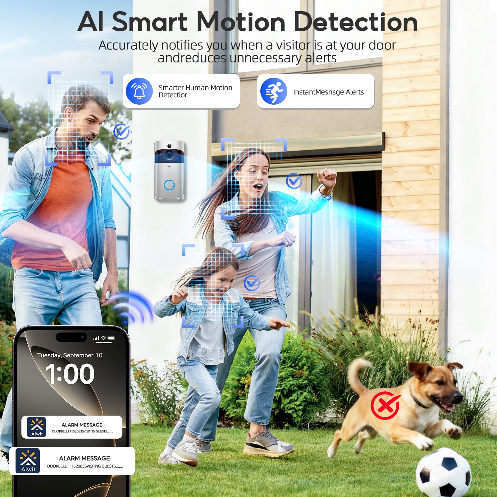 Doorbell Camera Wireless , 1080P Video Doorbell with Chime, Front Door Camera, 2-way Audio, Instant Alert,PIR Motion Detection,Night Vision,Battery-Powered Smart Doorbell