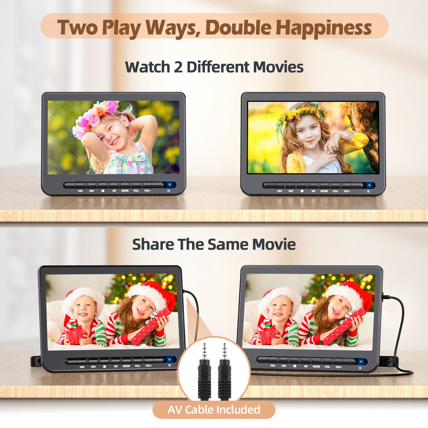 10.51" Portable DVD Player for Car Dual Screen 1080P Full HD with Mounting Bracket, Car DVD Player Play Same or Different Movies 5-Hour Battery, Sync TV, Support USB/SD Card, Last Memory