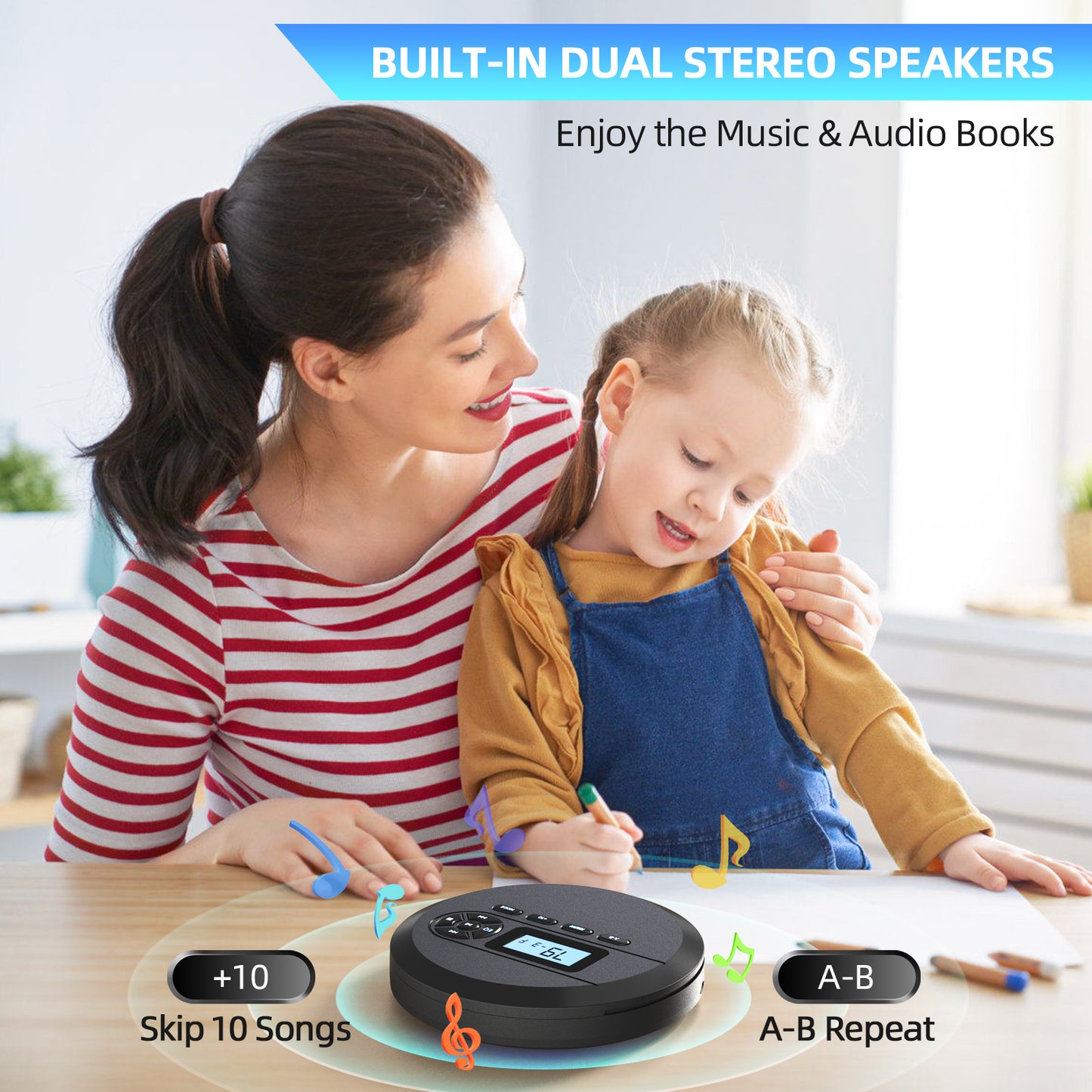 Portable CD Player, Compact, Stylish, FM Transmitting Function, Built-in Speaker, 2,000 mAh Battery, Rechargeable,+10 Skip Function, 5EQ Effect, A-B Repeat/Program Playback, Supports 32 GB TF