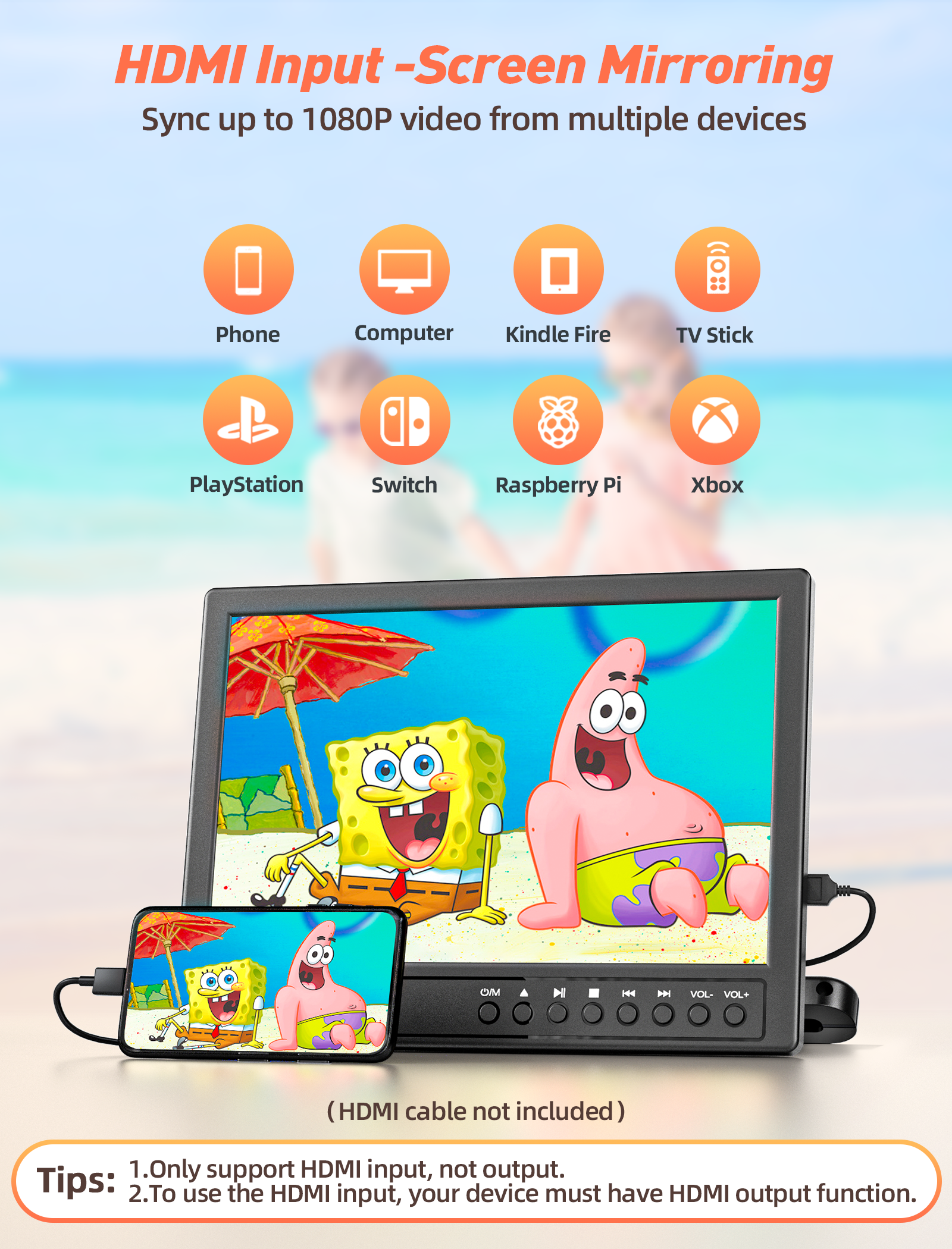 12.5" Portable DVD Player for Car with Headphone, Car DVD Player with Headrest Mount, Suction-Type Disc in, Headrest DVD Player Support 1080P Video, HDMI Input, AV in/Out, USB/SD Card Reader