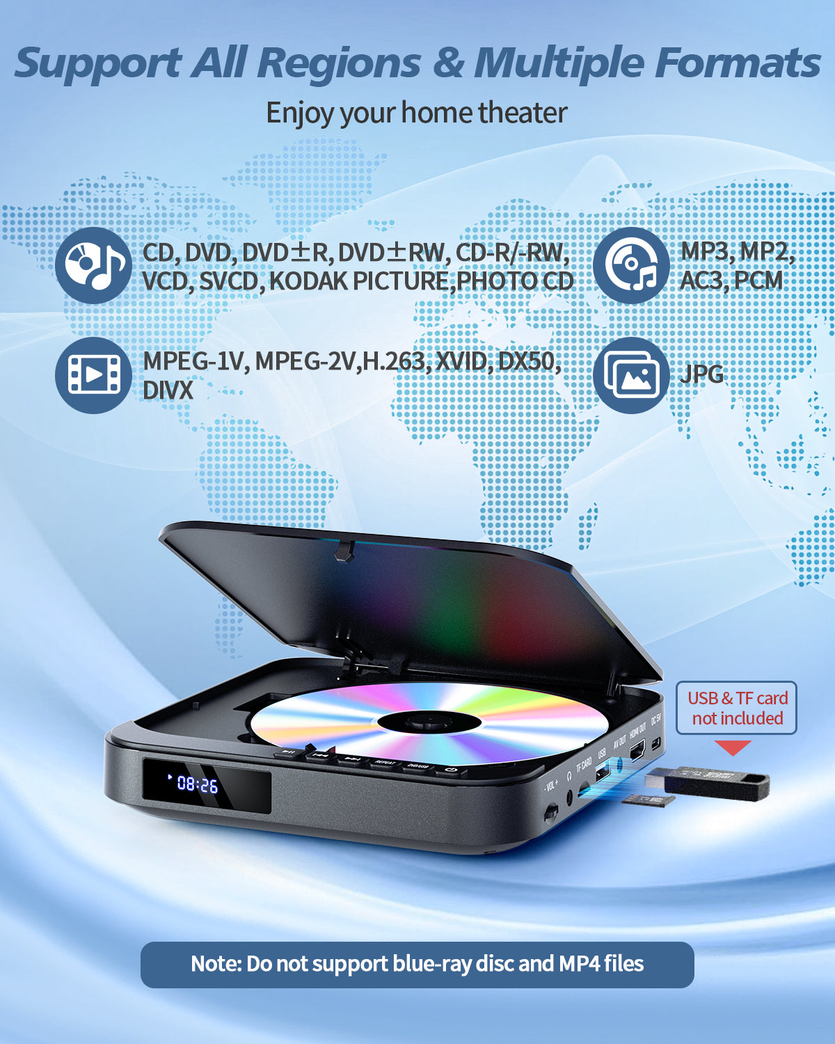 Mini DVD Player - 1080P HD Compact Player for TVs with HDMI, All Region Free, CD/DVD, USB/TF Card, Remote Control, PAL/NTSC Support