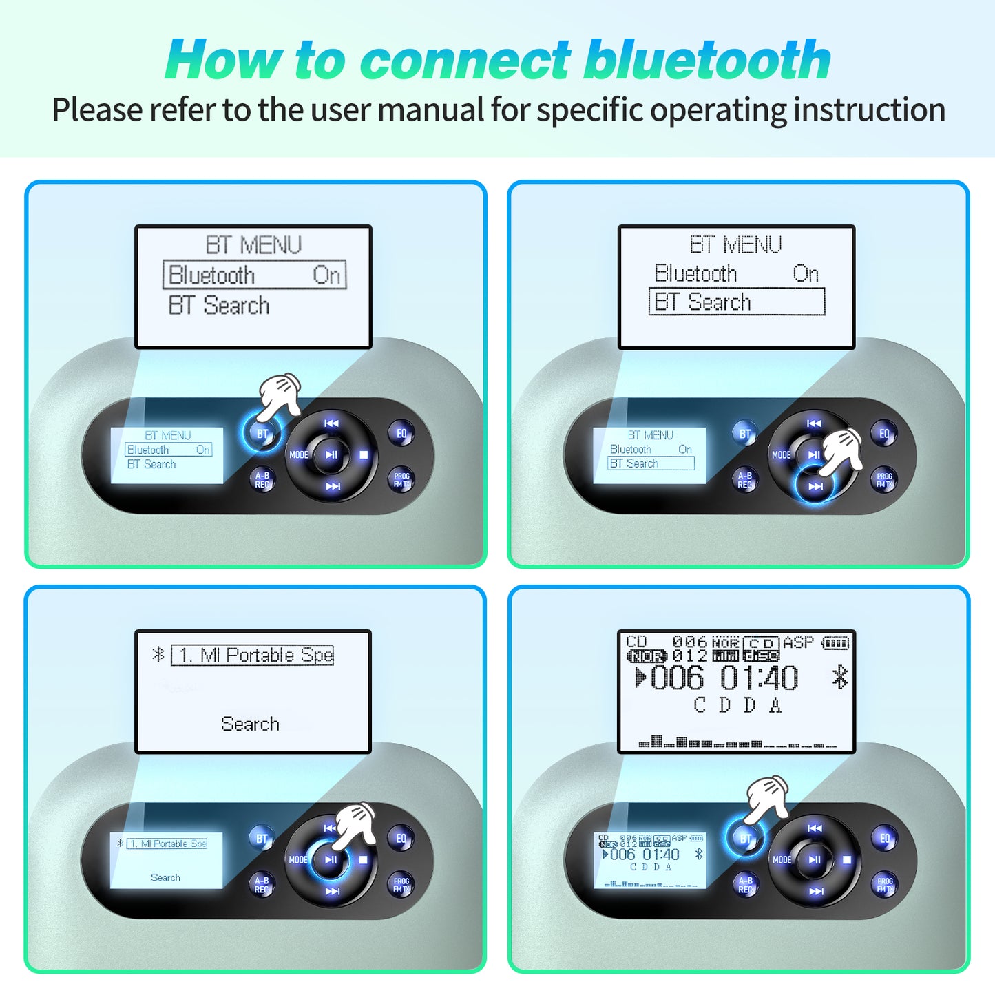 CD Player, Built-in Bluetooth 5.2 Speaker, Portable CD Player, Built-in FM Transmission, Portable Compact, 2,000 mAh Battery, Rechargeable CD Player, A-B Repeat Playback, 5EQ Effect Function