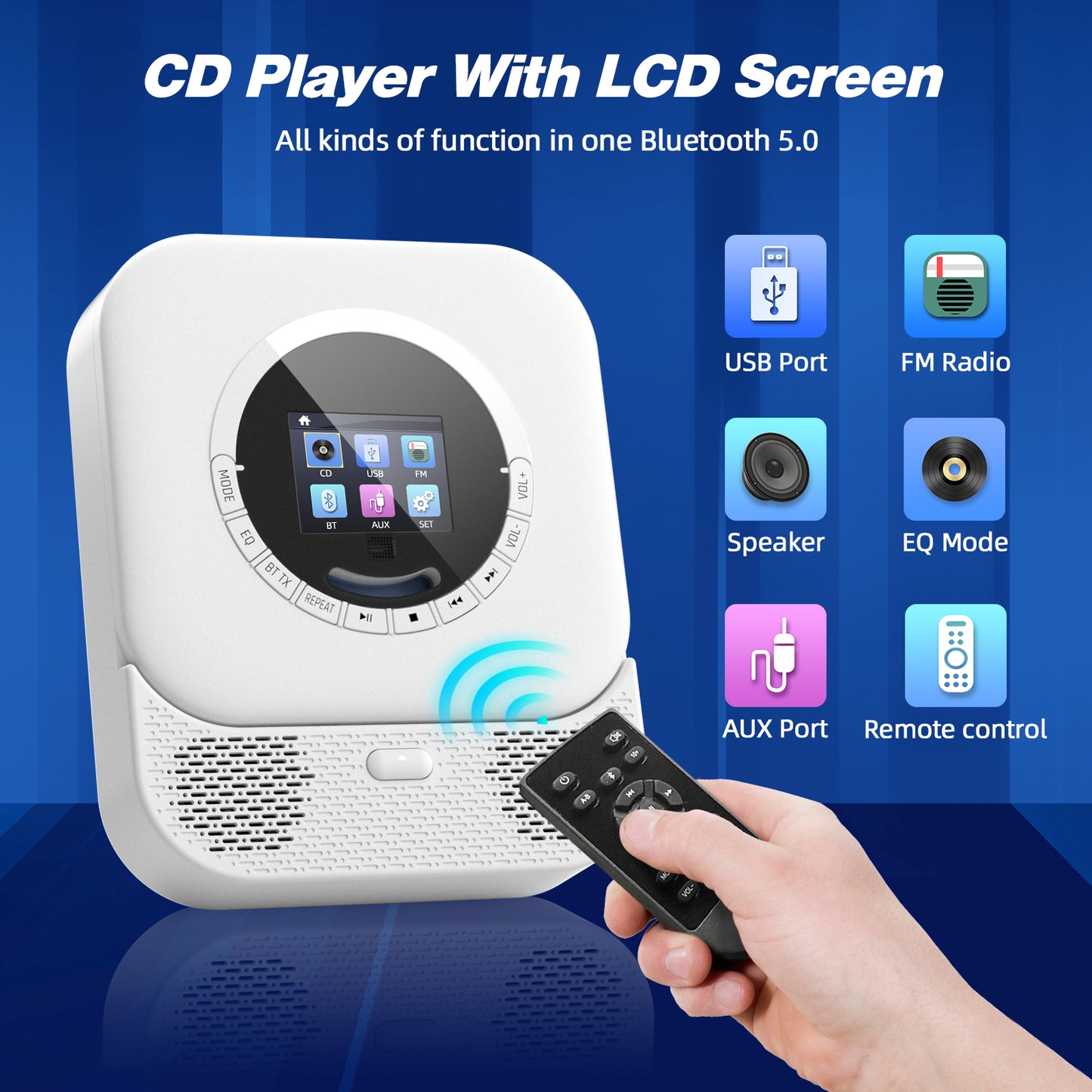 Desktop CD Player Bluetooth Wall Mounted with Speakers DAB Radio LED Display Remote Control for Home Support FM Radio AUX USB Input