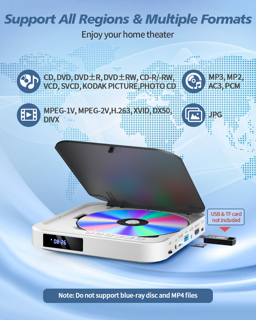 Desobry HDMI DVD Players for TV, 1080P HD Mini DVD Player, Small DVD Player for TV with All Region Free, Compact DVD Player for Smart TV, Support AV Output, USB/TF Card Input, Remote Control,PAL/NTSC
