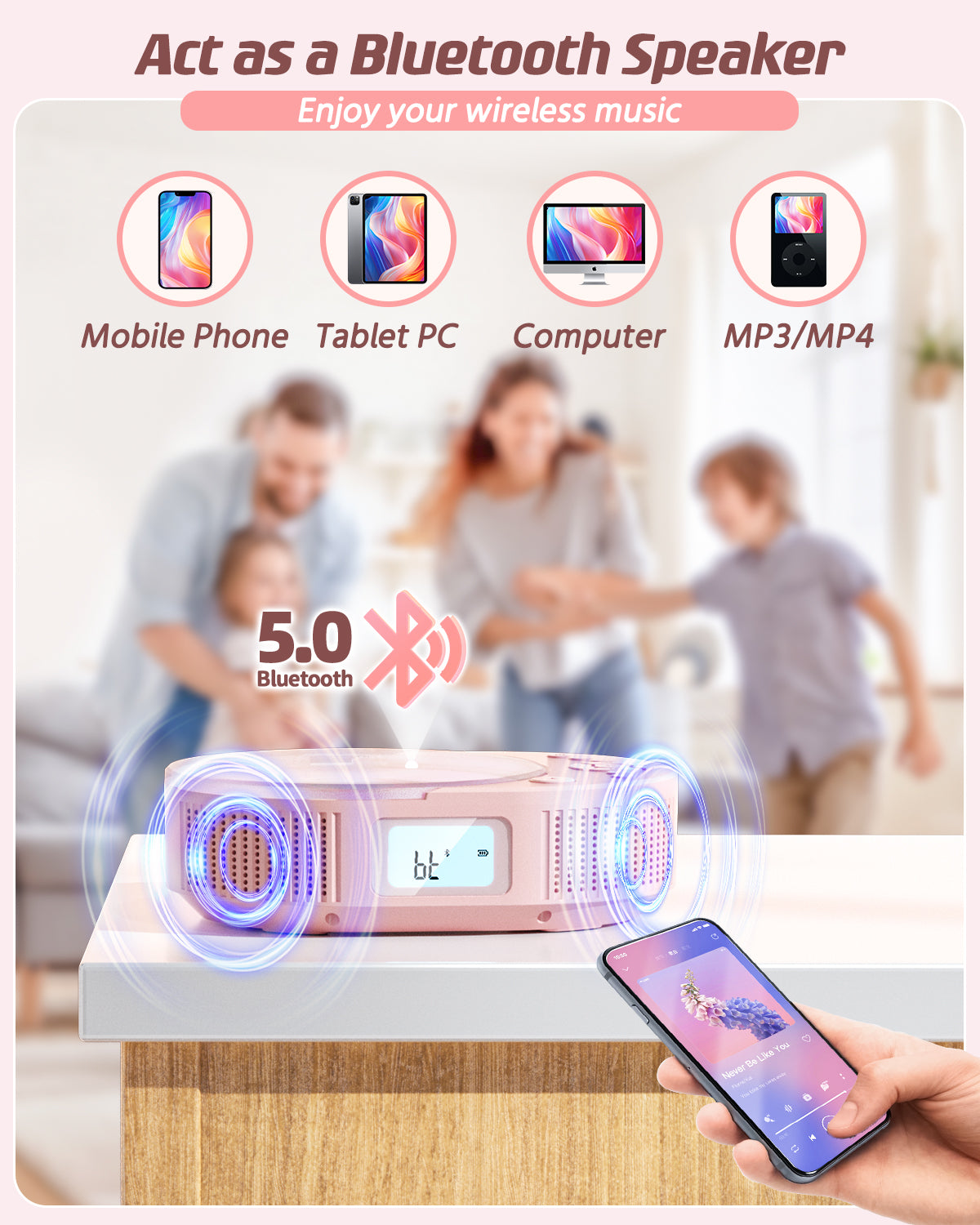 CD Player Portable, 2 in 1 CD Player Boombox & Bluetooth Speaker, Rechargeable Portable CD Player for Car/Home with Remote Control, FM Radio, Support AUX/USB, Headphone Jack