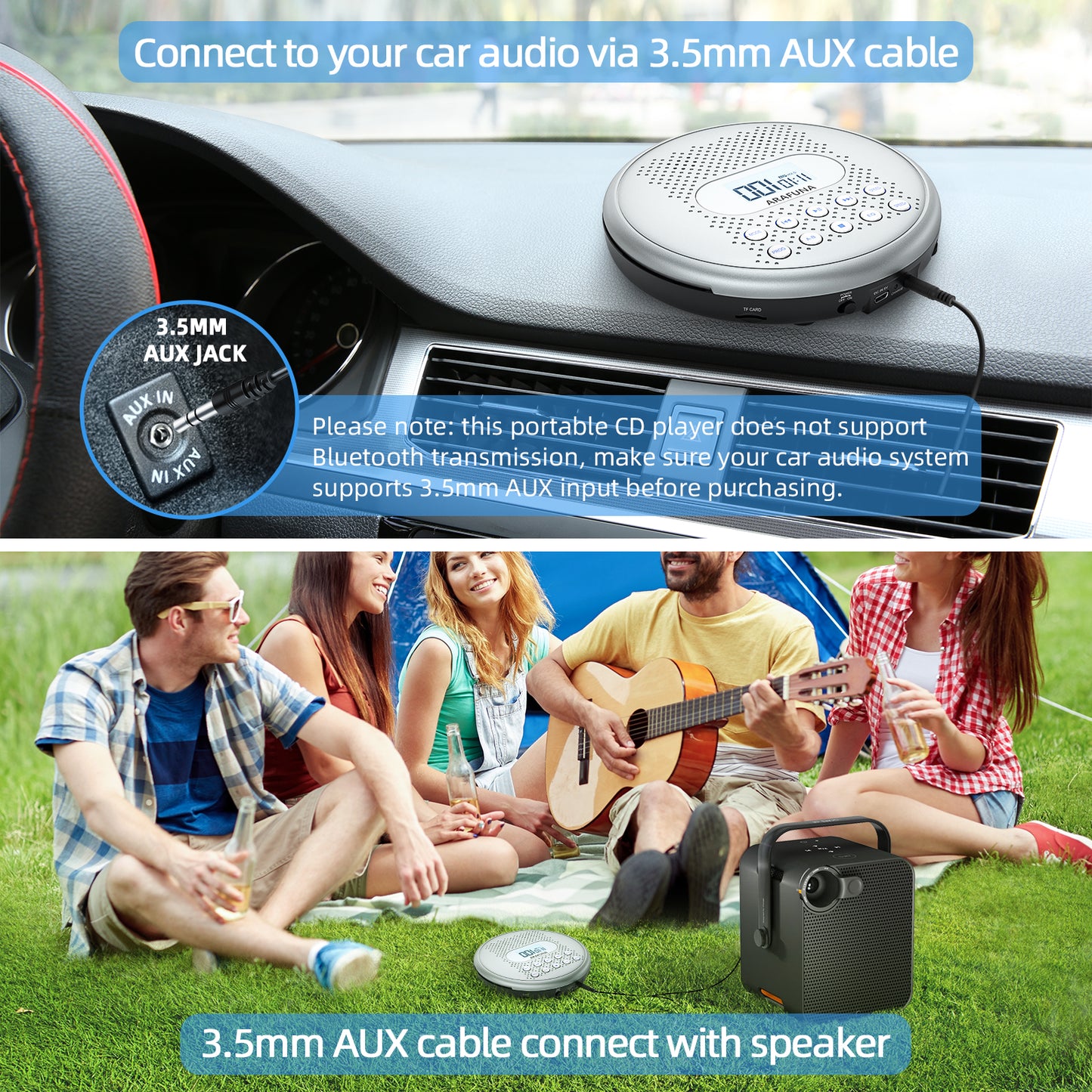 CD Player, Built-in Speaker, Portable CD Player, 1,400 mAh, Rechargeable, Sound Prevention, Adjustable Playback Speed, AB Repeat Function, Resume Function, 32 GB MicroSD Card Support