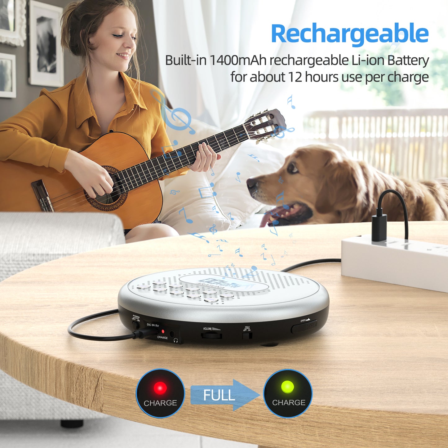 CD Player, Built-in Speaker, Portable CD Player, 1,400 mAh, Rechargeable, Sound Prevention, Adjustable Playback Speed, AB Repeat Function, Resume Function, 32 GB MicroSD Card Support