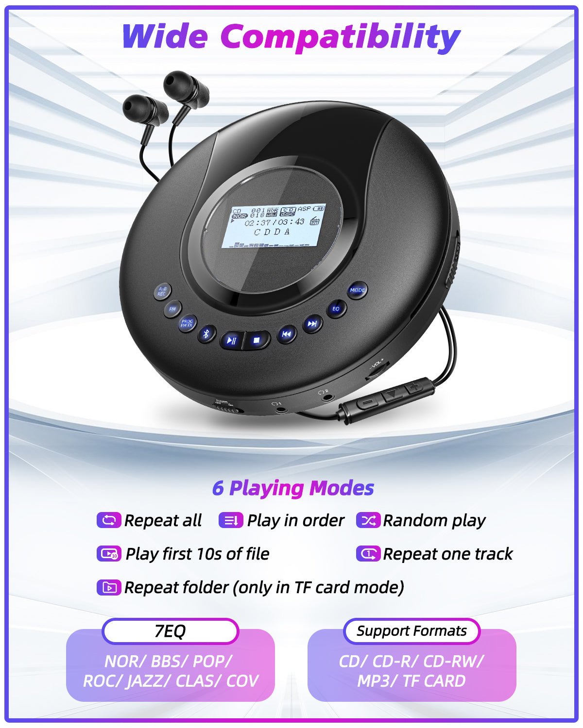 CD Player Portable, Portable CD Player Bluetooth with FM Radio, 2000mAh Rechargeable CD Player for Car with LCD Screen, Anti Shock Protection Walkman CD Player with Headphone, AUX Cable