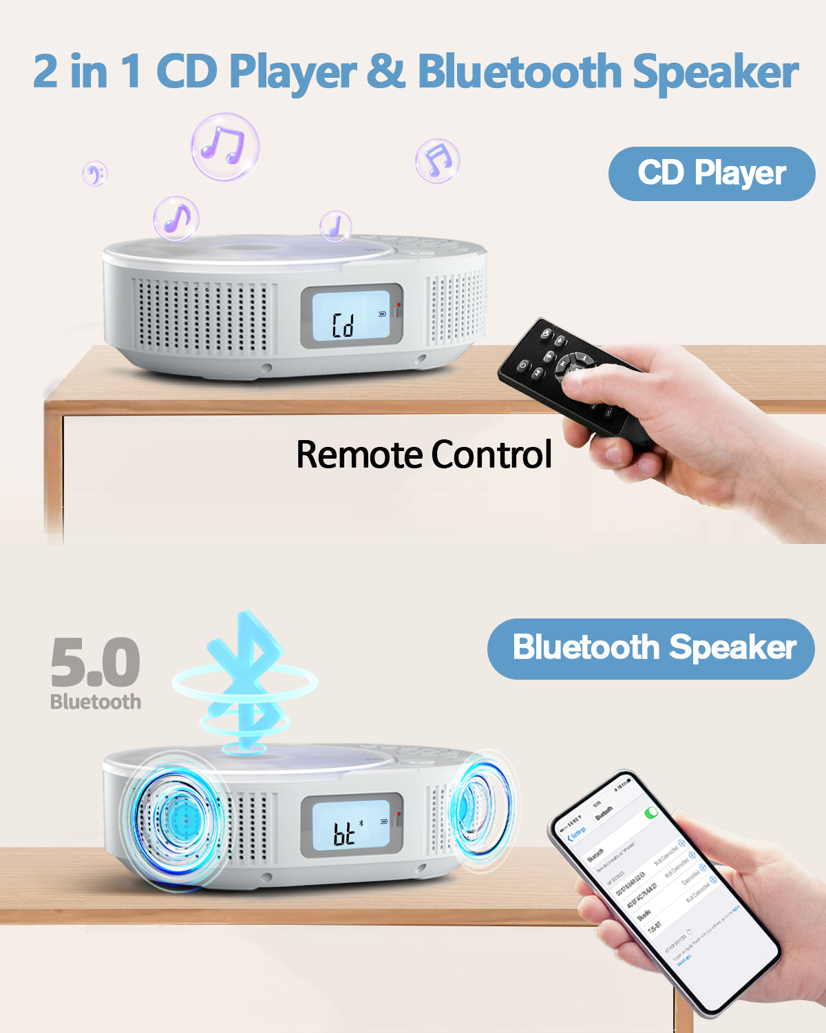 CD Player Portable, Upgraded Boombox CD Player & Bluetooth Speaker 2 in 1 Combo, Rechargeable Portable CD Player for Car/Home with Remote Control, FM Radio, Support AUX/USB, Headphone Jack