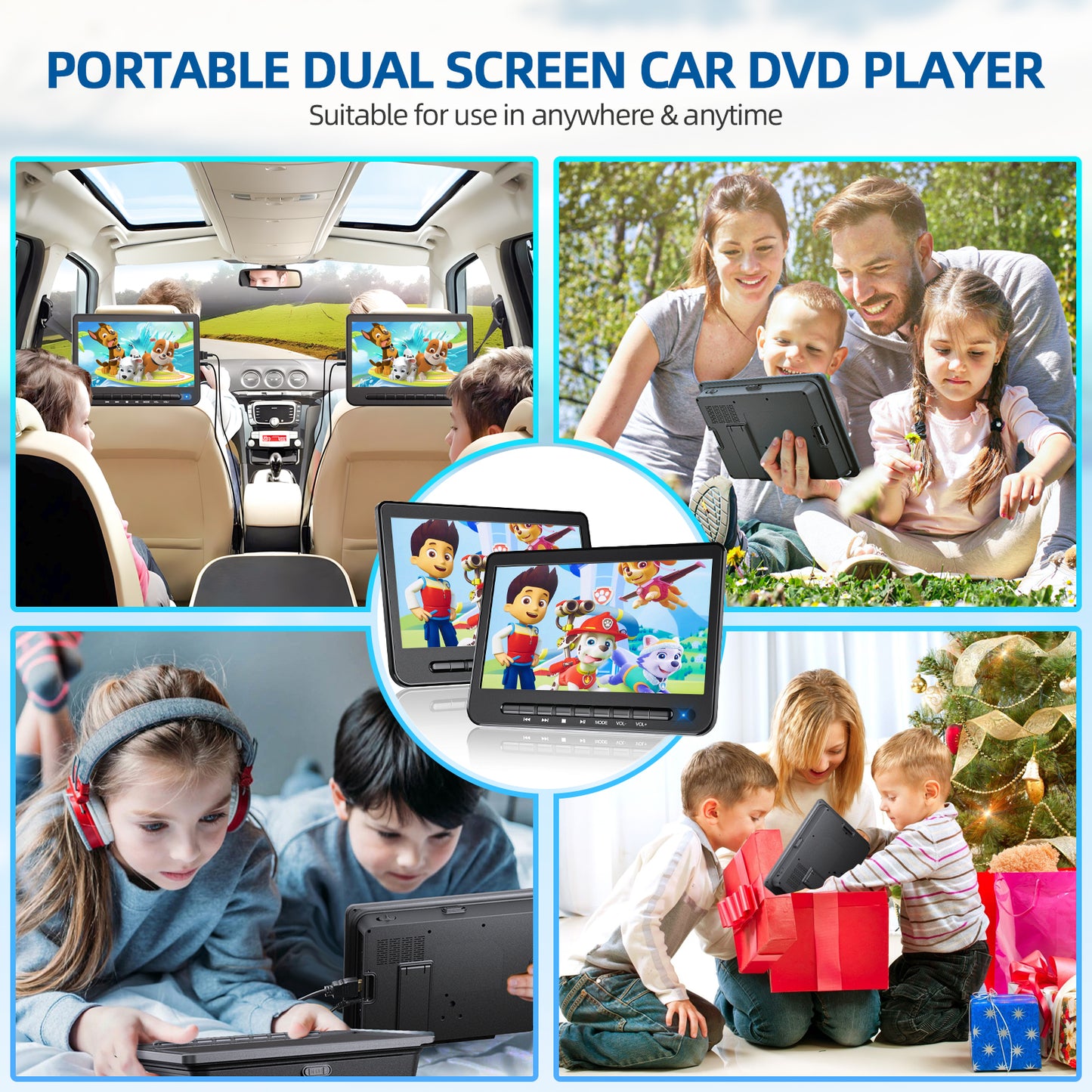 10.5" Portable DVD Player for Car with HDMI Input 1080P, Car DVD Player Dual Screen with Full HD Transmission,5-Hour Rechargeable Battery, Supports USB Input,Last Memory (1 Player + 1 Monitor)