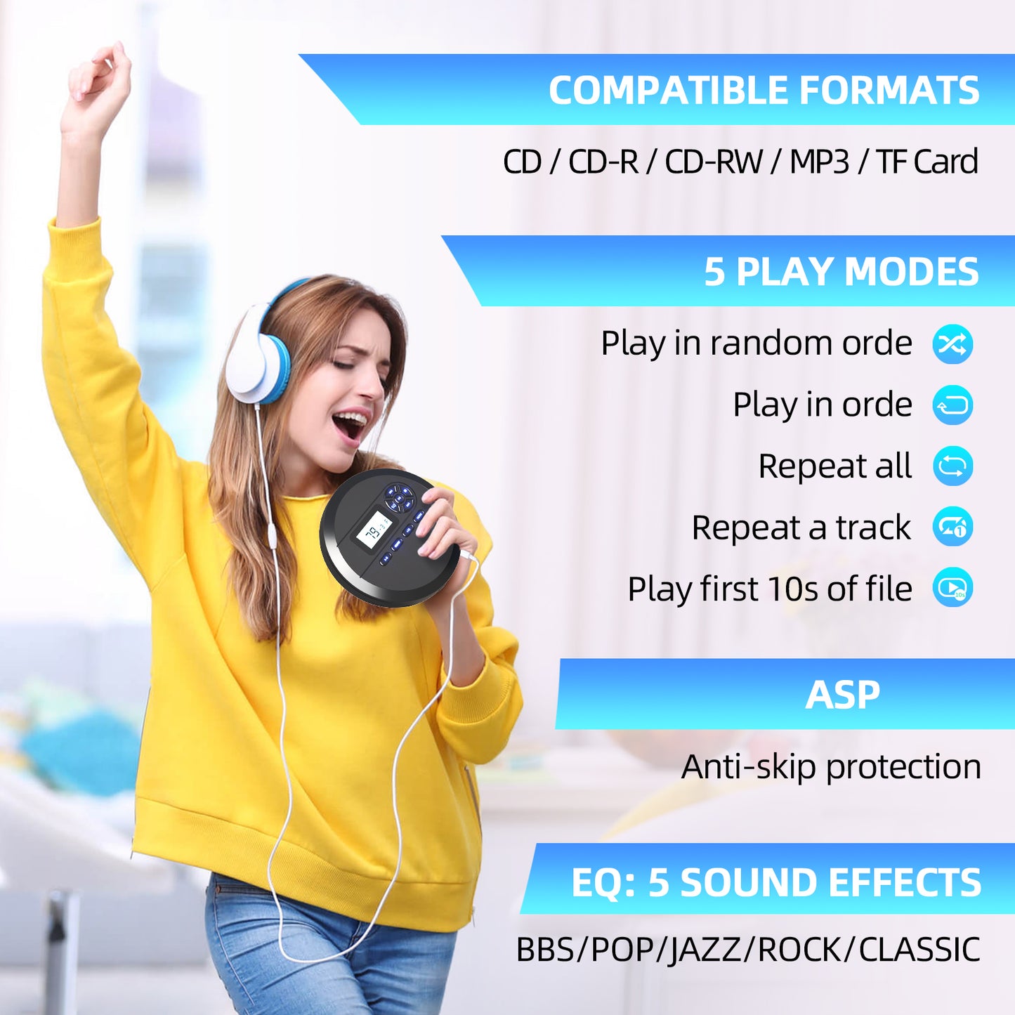 Portable CD Player, Compact, Stylish, FM Transmitting Function, Built-in Speaker, 2,000 mAh Battery, Rechargeable,+10 Skip Function, 5EQ Effect, A-B Repeat/Program Playback, Supports 32 GB TF