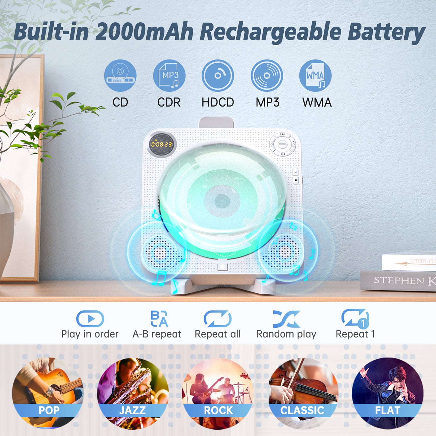 CD Player Portable, Bluetooth CD Player with Speakers Wall CD Player for Home Rechargeable with Remote Control FM Radio Digital Screen Headphone Jack, Portable CD Player for Car Support AUX USB