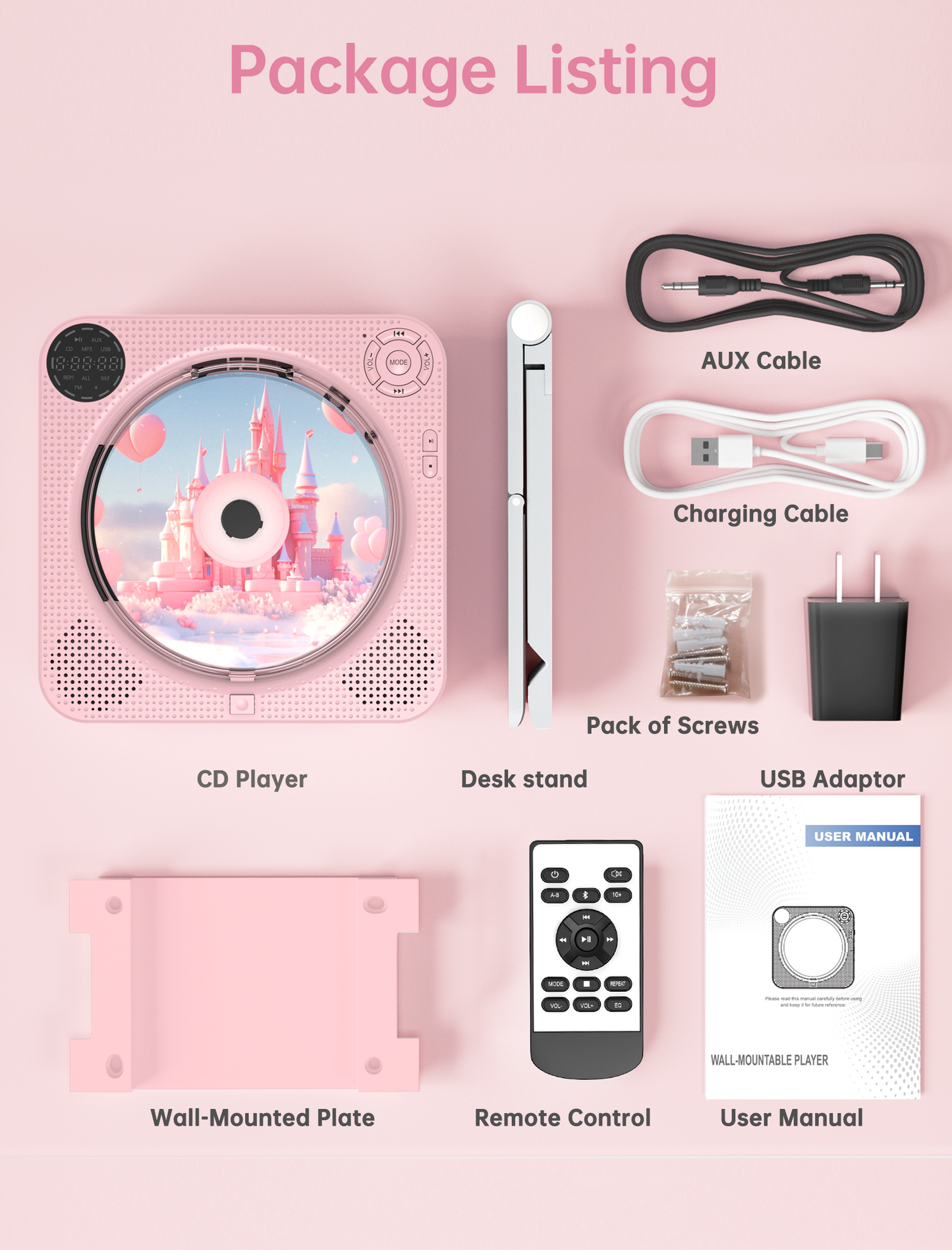 CD Player Portable, Bluetooth CD Player with Speakers Small CD Player for Home with Remote Control FM Radio Digital Screen Headphone Jack, Wall CD Player Support AUX in Cable&USB,Pink Kpop CD Player