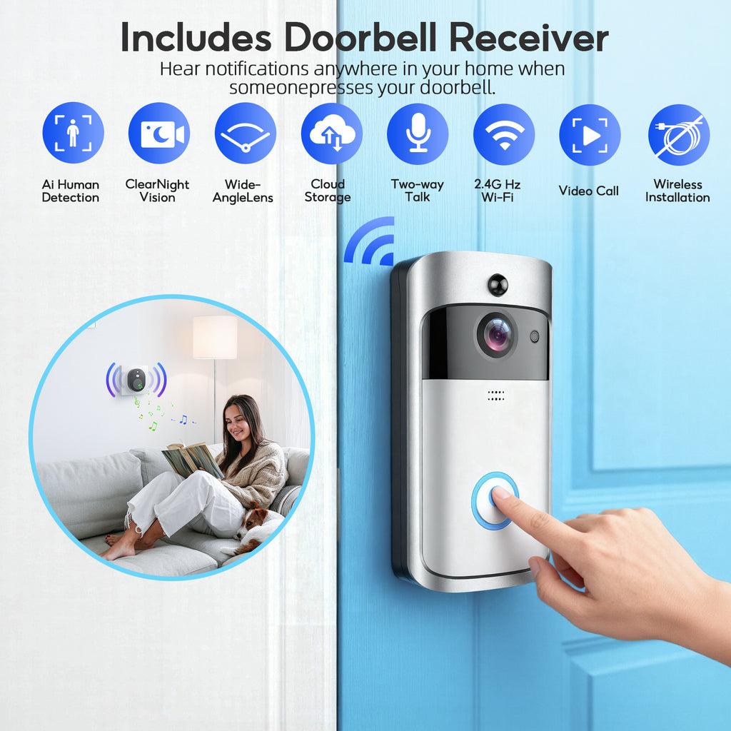 Doorbell Camera Wireless , 1080P Video Doorbell with Chime, Front Door Camera, 2-way Audio, Instant Alert,PIR Motion Detection,Night Vision,Battery-Powered Smart Doorbell