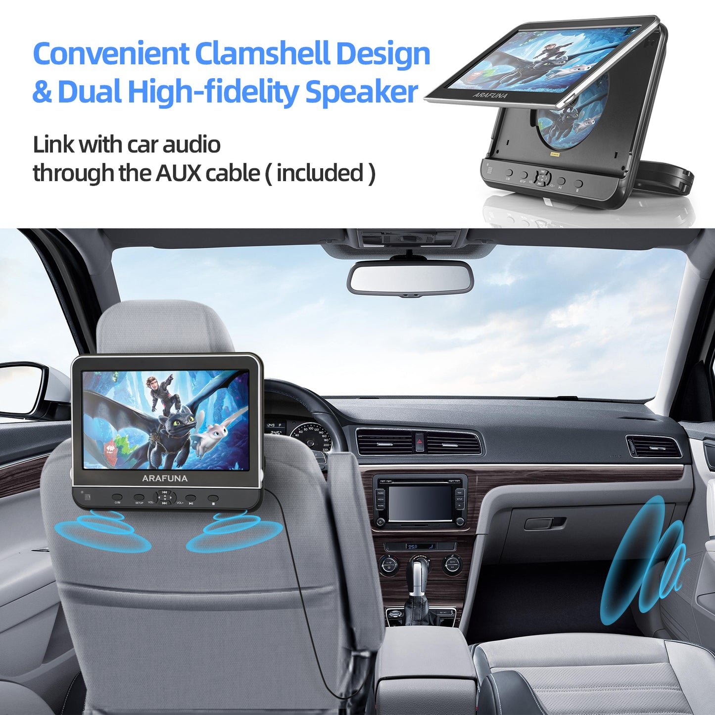 10.5" DVD Player for Car, Car DVD Player with 1080P Full HD HDMI Input, Car TV with Mounting Brackets and Headphone Support USB/SD Card/Sync TV, Regions Free, Last Memory