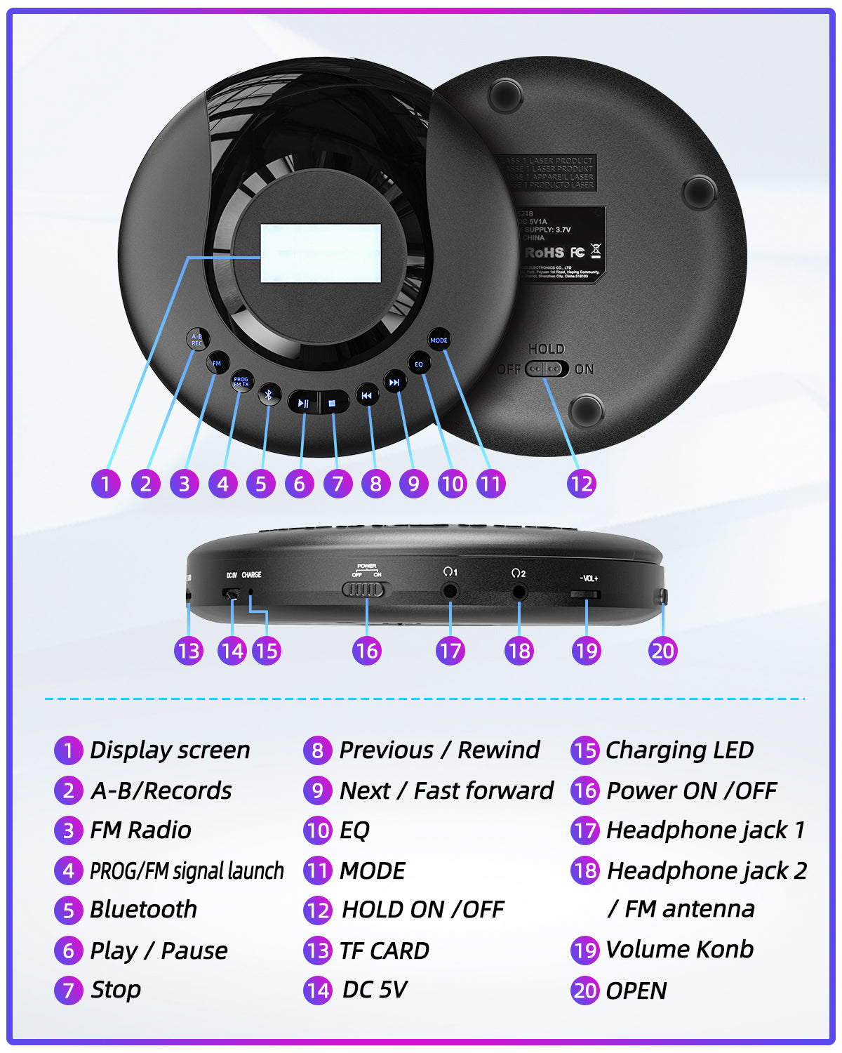 CD Player Portable, Portable CD Player Bluetooth with FM Radio, 2000mAh Rechargeable CD Player for Car with LCD Screen, Anti Shock Protection Walkman CD Player with Headphone, AUX Cable