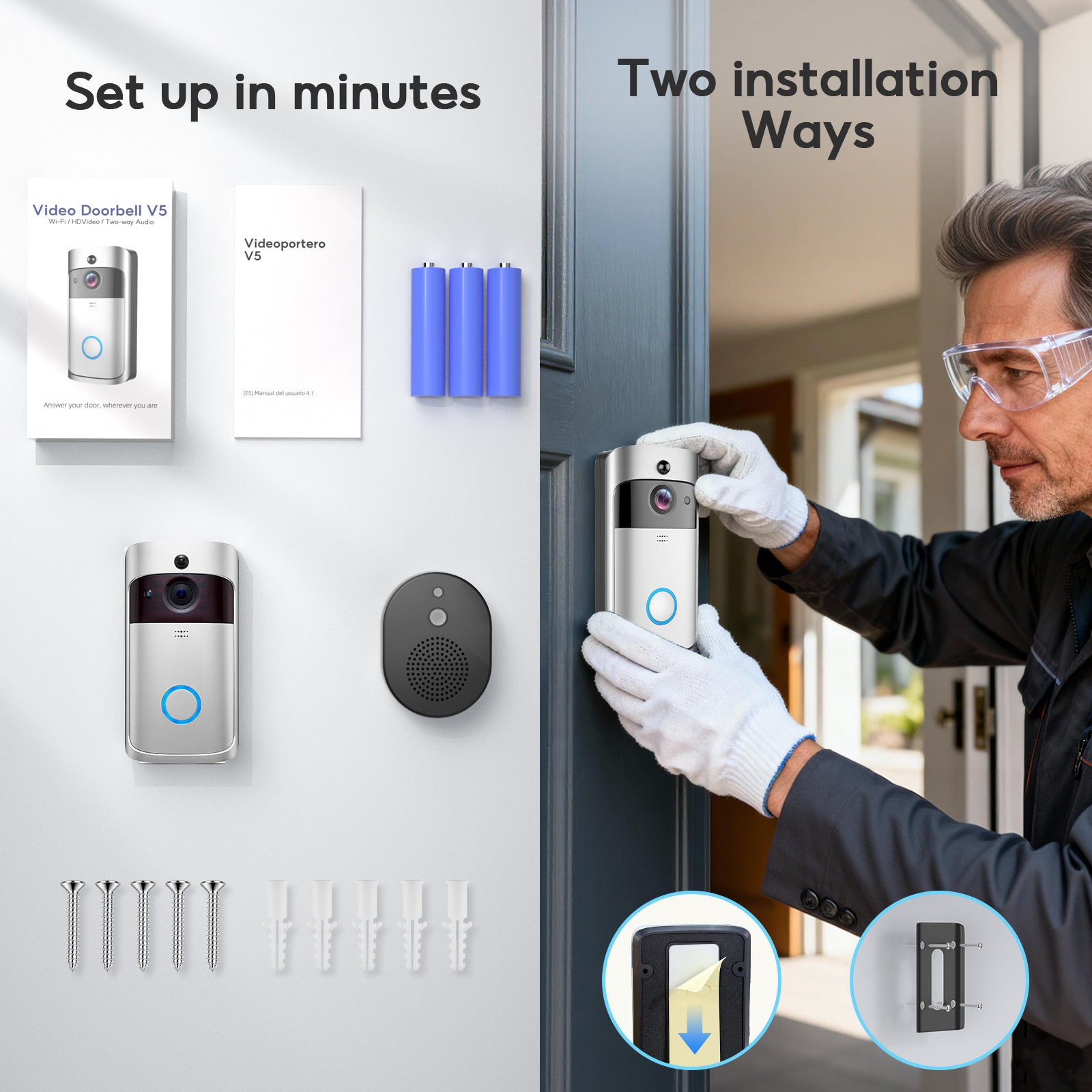 Doorbell Camera Wireless , 1080P Video Doorbell with Chime, Front Door Camera, 2-way Audio, Instant Alert,PIR Motion Detection,Night Vision,Battery-Powered Smart Doorbell